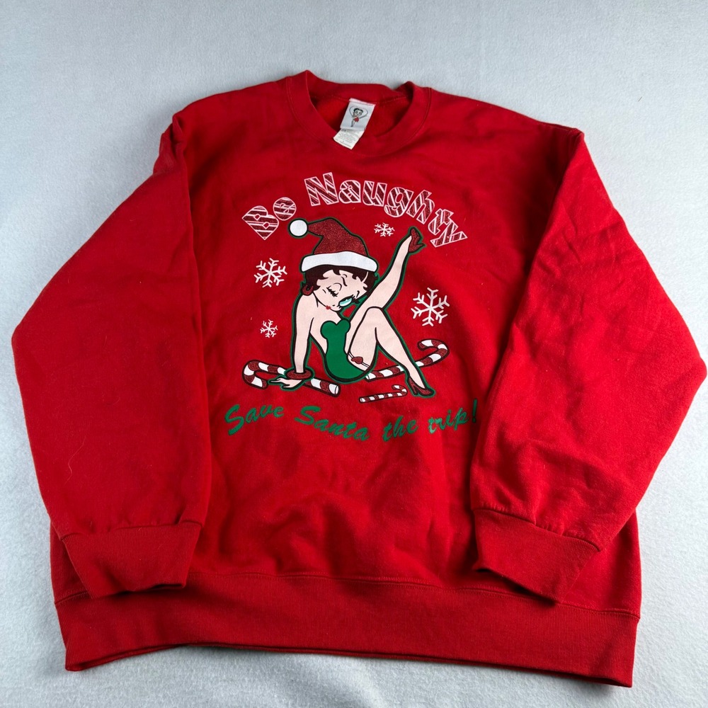 Betty Boop Be Naughty Save Santa the Trip Red Christmas Sweatshirt Large
